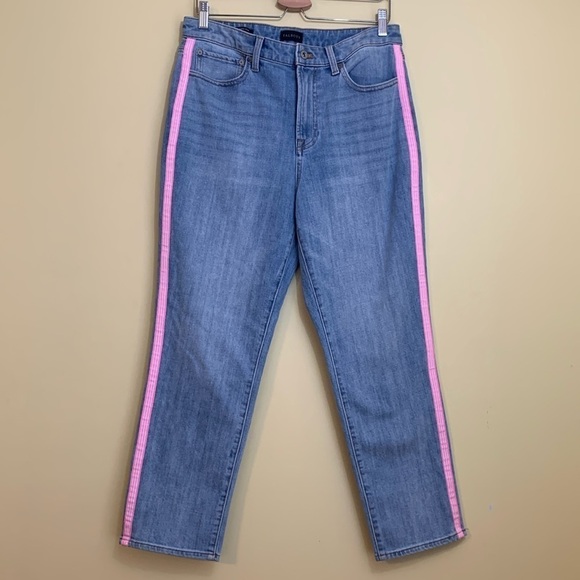 Talbots Modern Ankle Pink White Tape Embellished Amalfi Wash Blue Denim Jeans 10 - Picture 3 of 17